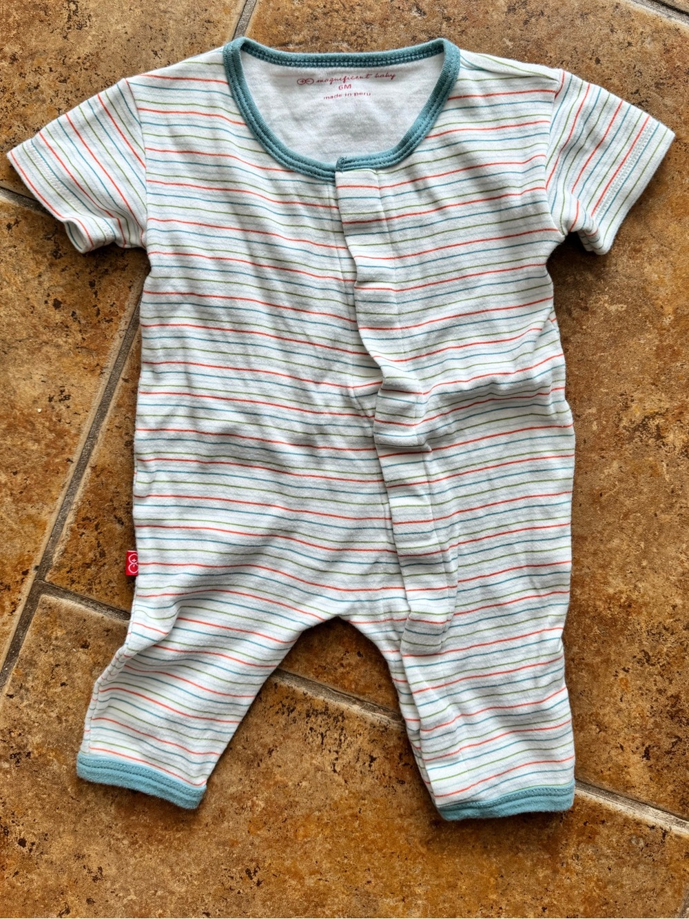 Magnificent Baby Striped Short-Sleeve One-Piece with Teal Trim